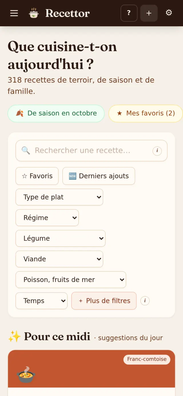 Accueil de Recettor sur smartphone : recherche, filtres et suggestions