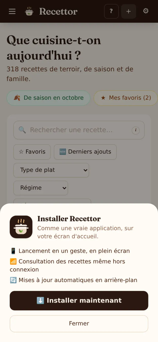 Fenêtre « Installer Recettor » de l'application, avec le bouton Installer maintenant