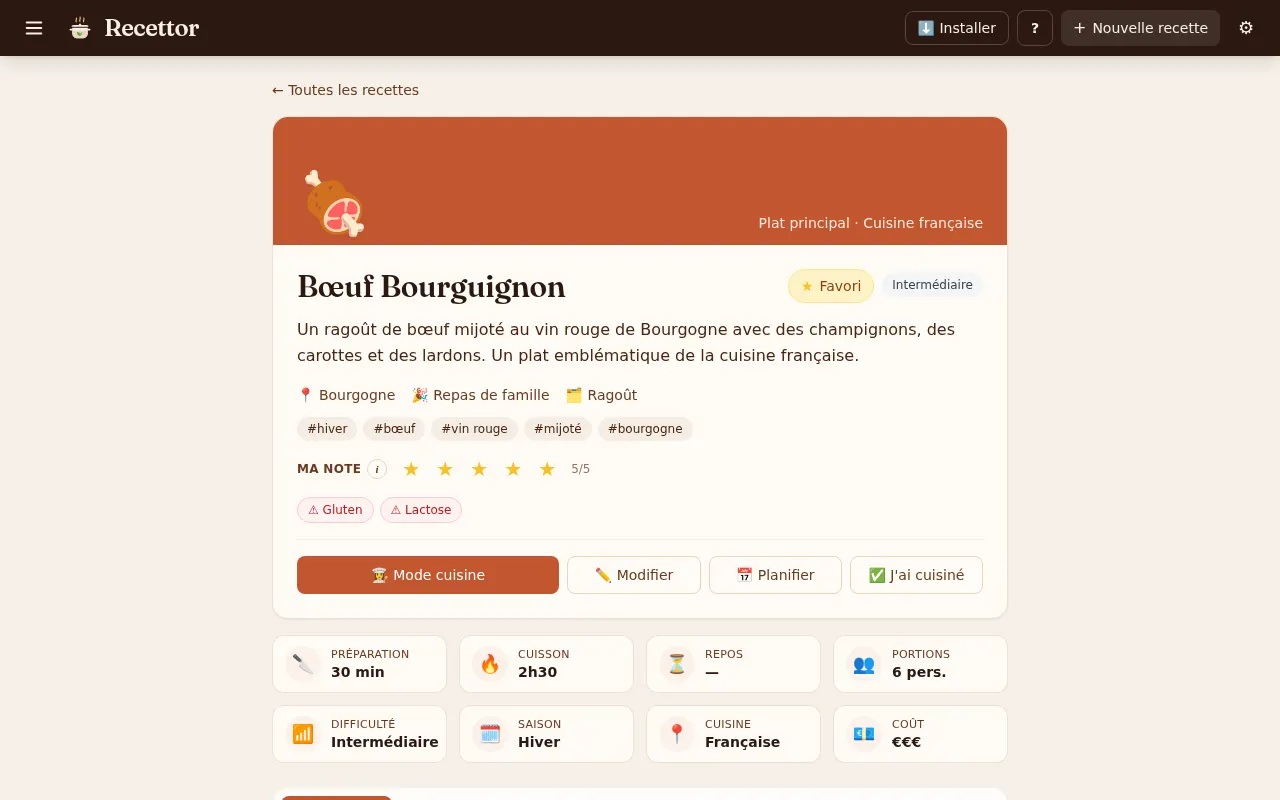 Fiche du Bœuf Bourguignon : description, tags, allergènes, temps, portions et difficulté