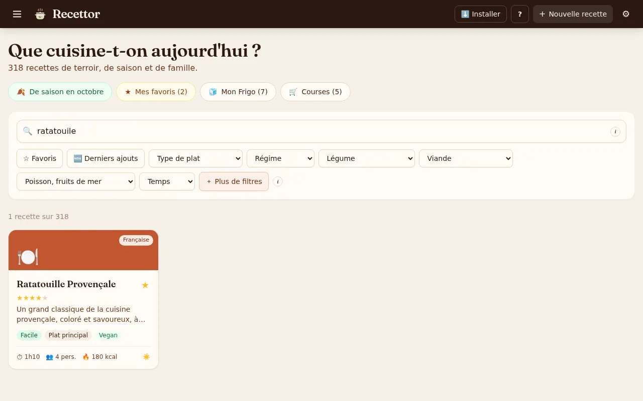 Recherche « ratatouile » mal orthographiée : Recettor affiche la Ratatouille Provençale